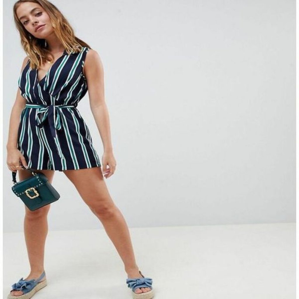 New Look Blue Green Striped Belted Jumpsuit Romper Playsuit 10 Tall